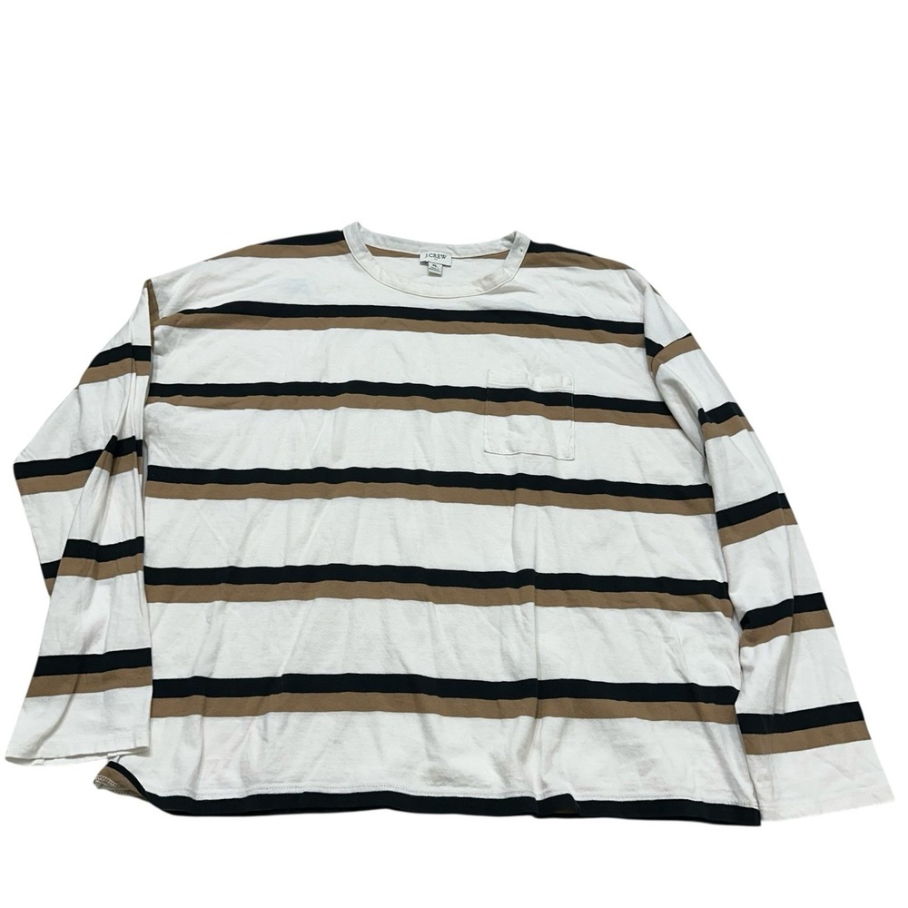 J.Crew Men's XL Striped Long Sleeve‎ Pocket T Shirt White Black Tan Crewneck